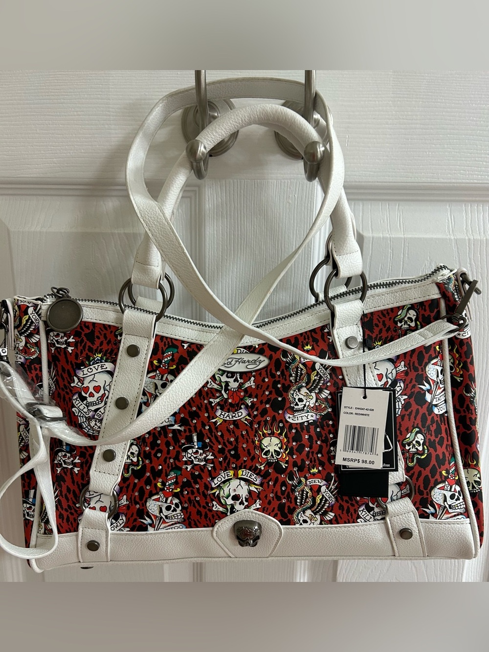 Ed Hardy Red Skull & Leopard Print Tote with White Trim